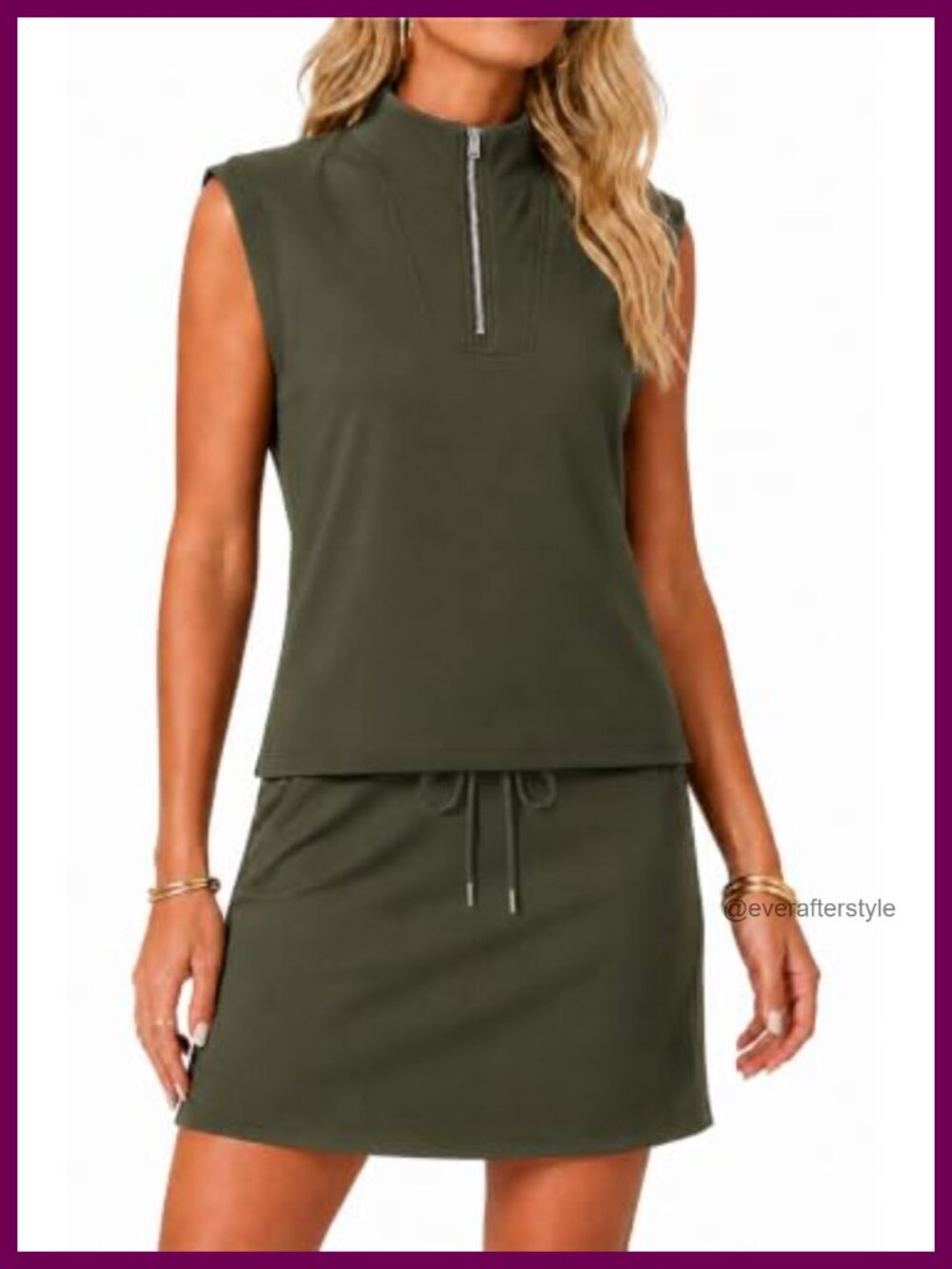 Two Piece Skort Set Half Zip Polo Top High Waisted A-Line Skort Pockets